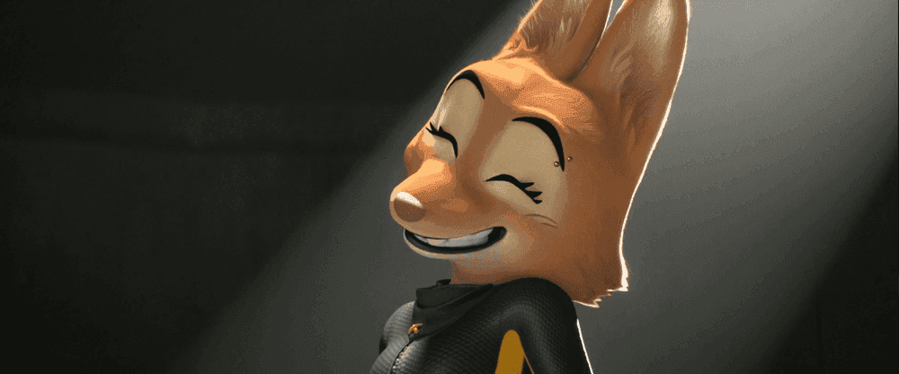 Close-up of Lilia, an anthropomorphic orange fox smiling with her eyes closed, under a beam of light.