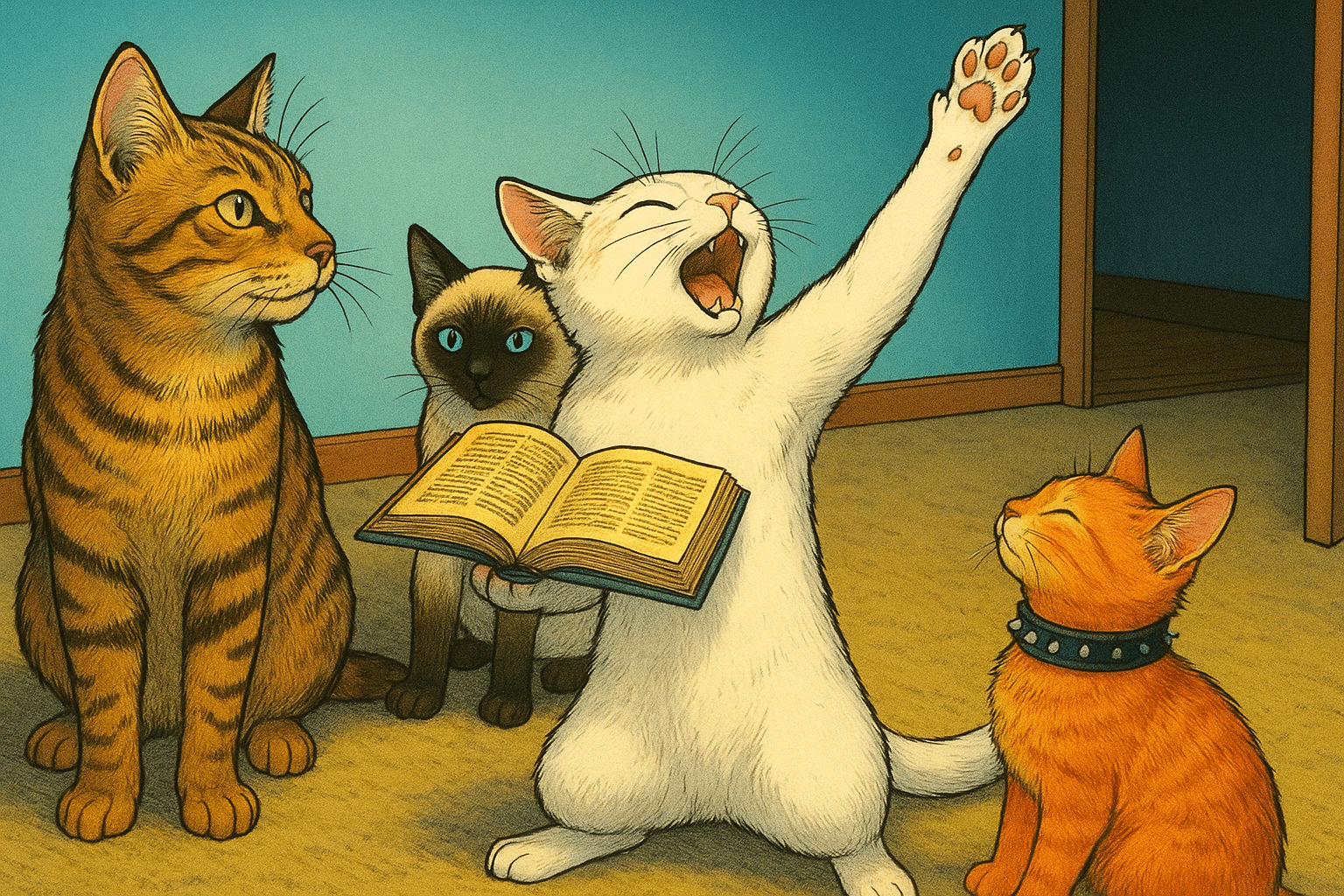 A Siamese cat standing, holding an open book and raising its paw as if preaching, while two other cats, one tabby and one orange with a studded collar, listen attentively.