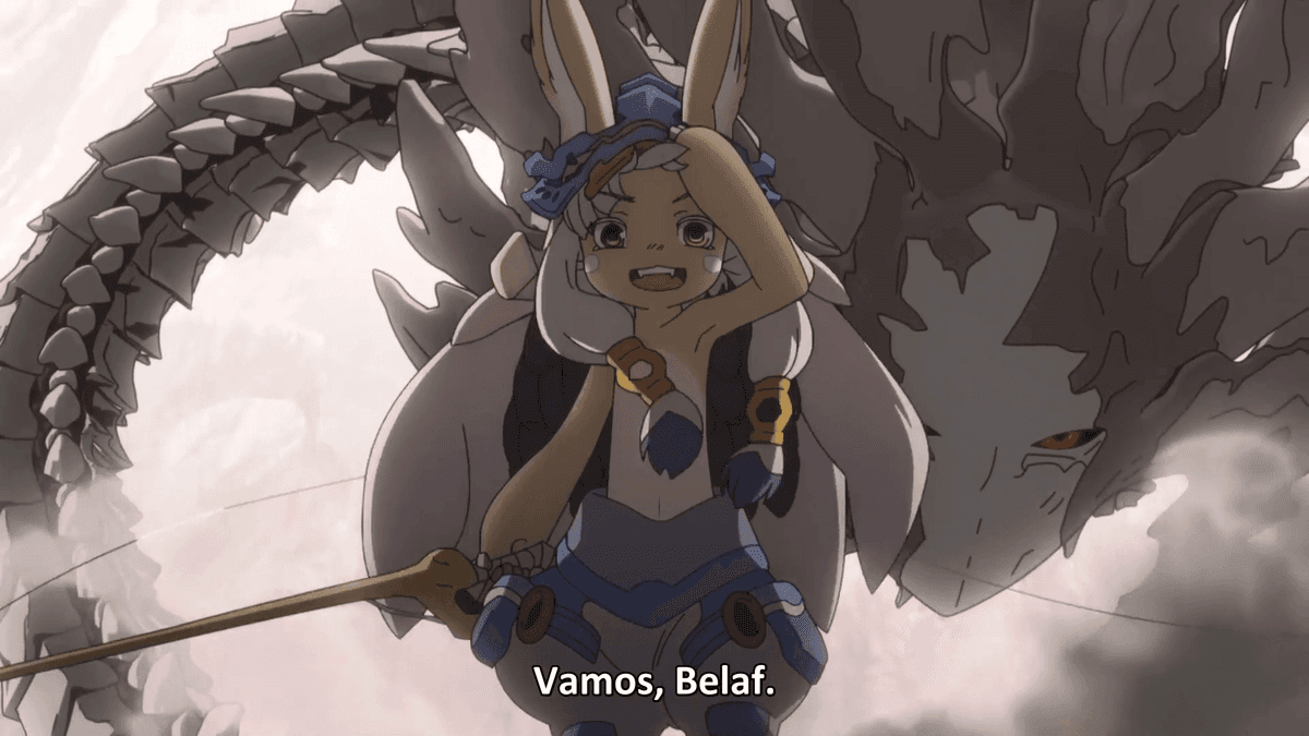 Anime character with long ears and spear, smiling under the sun, next to a large gray scaly creature.