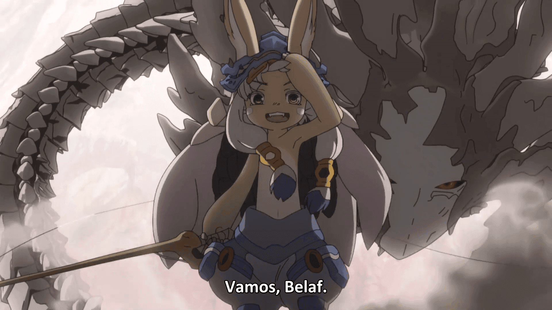 Anime character with long ears and spear, smiling under the sun, next to a large gray scaly creature.