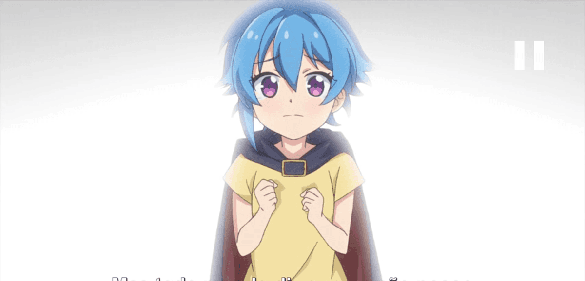 Young anime character, Mia, with blue hair and purple eyes, wearing a yellow shirt and dark cape, demonstrating determination.